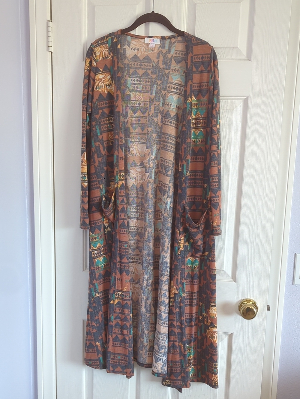 LuLaRoe Long Brown Aztec Print Duster with Teal Accents Size S
